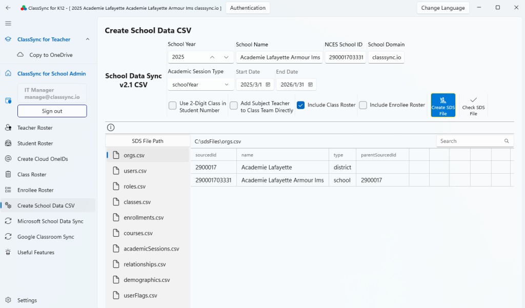 Create Microsoft School Data Sync V2.1 files