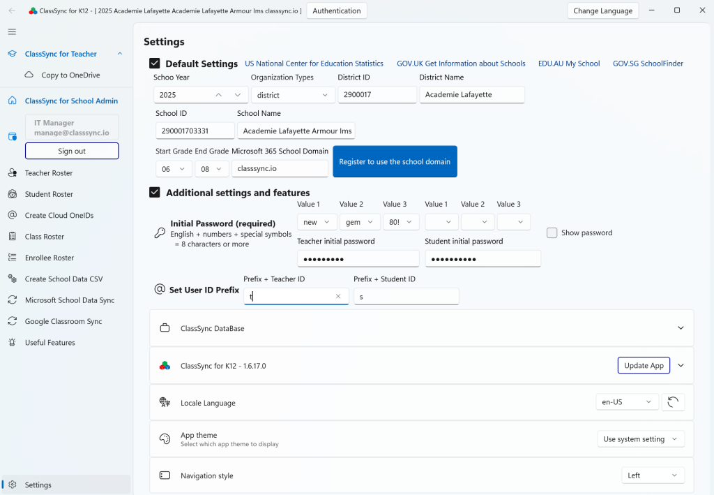ClassSync app, default settings screen