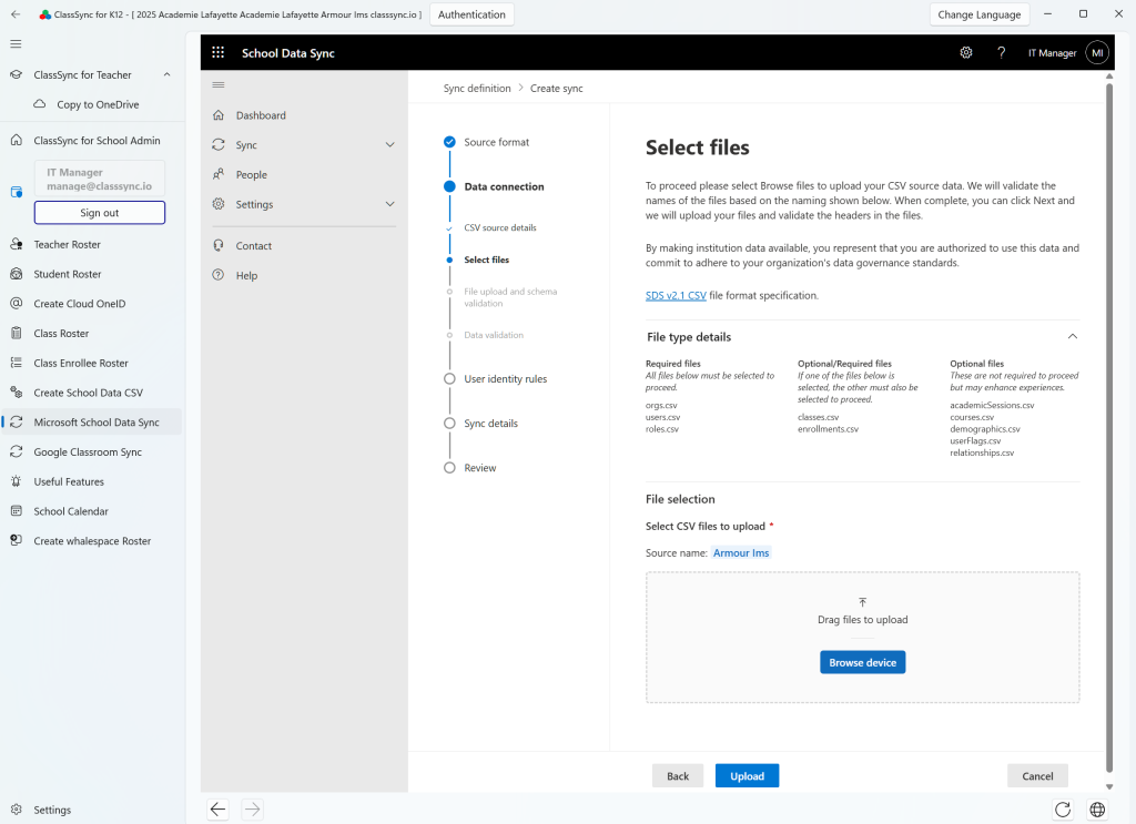 Upload SDS CSV v2.1 files in Microsoft School Data Sync