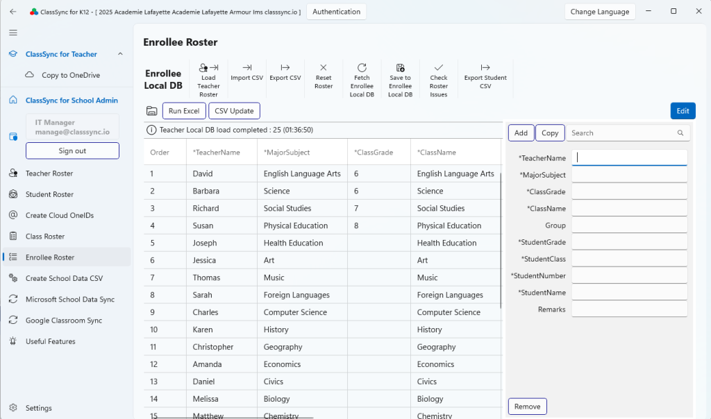 ClassSync Enrollee Roster Management screen