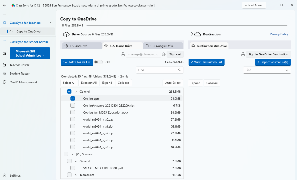 Microsoft Teams to OneDrive file transfer using ClassSync Mover